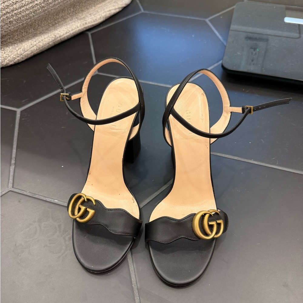 Gucci Marmont Leather GG Block Heel Sandals